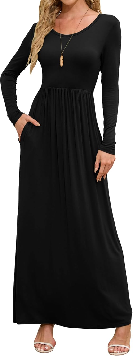 DEARCASE Women's Maxi Dress Long Sleeve Crewneck Loose Plain Casual Empire Waist...