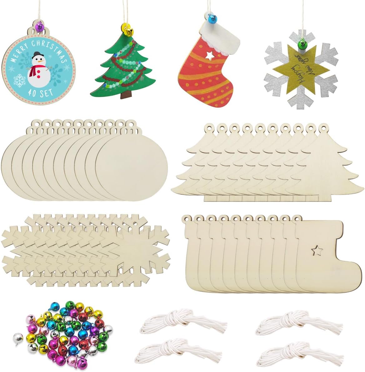 Christmas Ornaments Kit, Unique 40PCS Unfinished Wooden Ornaments for DIY Craft...