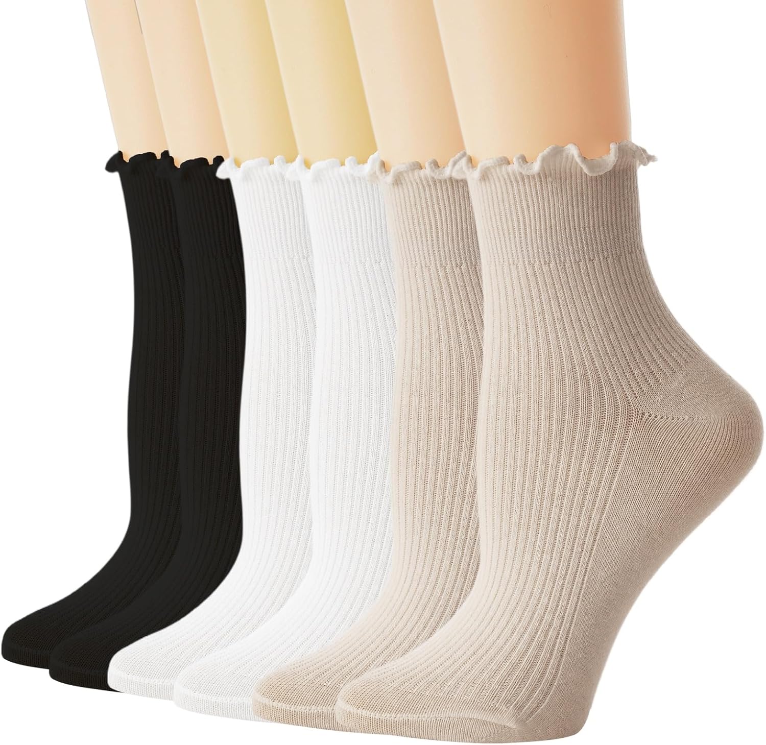 Womens Ruffle Socks, 6 Pairs Turn-Cuff Crew Socks, Cotton Frilly Ankle Socks, Wh...