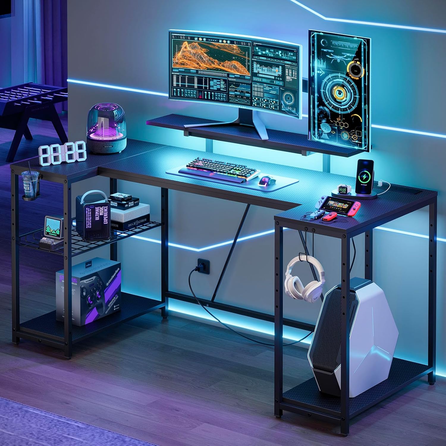 Bestier Gaming Desk with LED Lights & Power Outlets, 63 inch U Shaped Computer D...