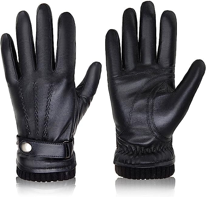 BISON DENIM Men's Genuine Leather Gloves, Special Warm Wool Lining Leather Glove...