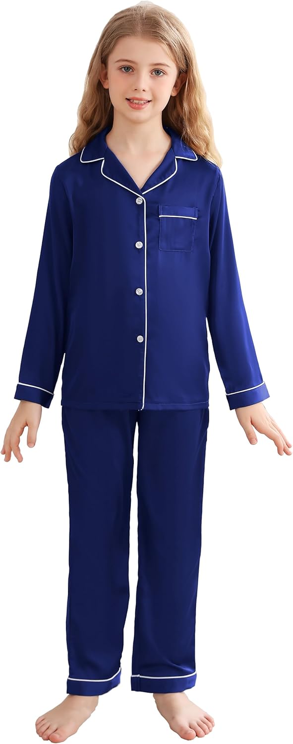 Veseacky Unisex Satin Pajamas Set Boys Girls Silk Pjs for Kids Long Sleeve 2 Pie...