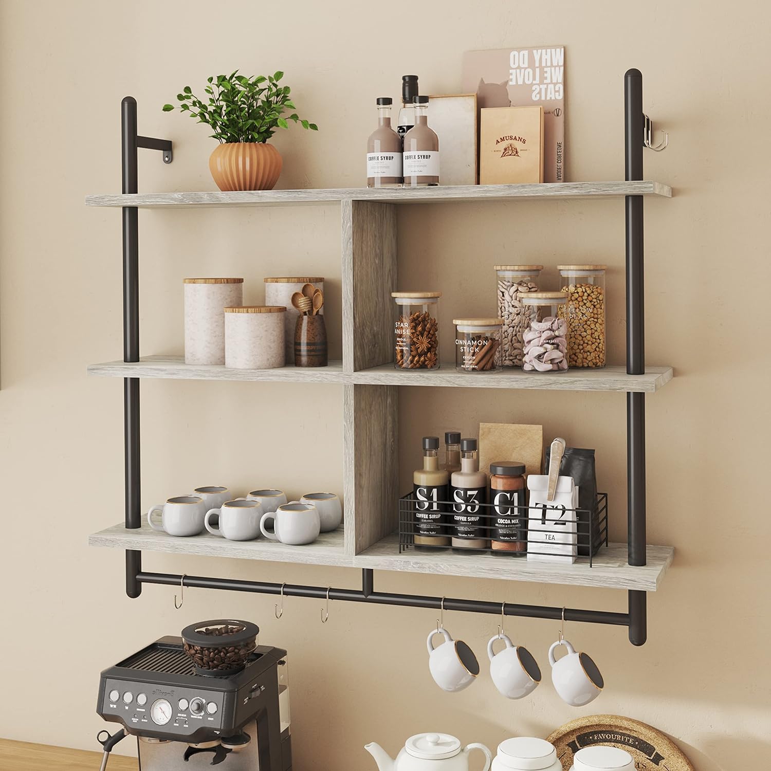 Bestier 3 Tier Floating Pipe Shelving 115CM Industrial Wall Mounted Ladder Shelf...