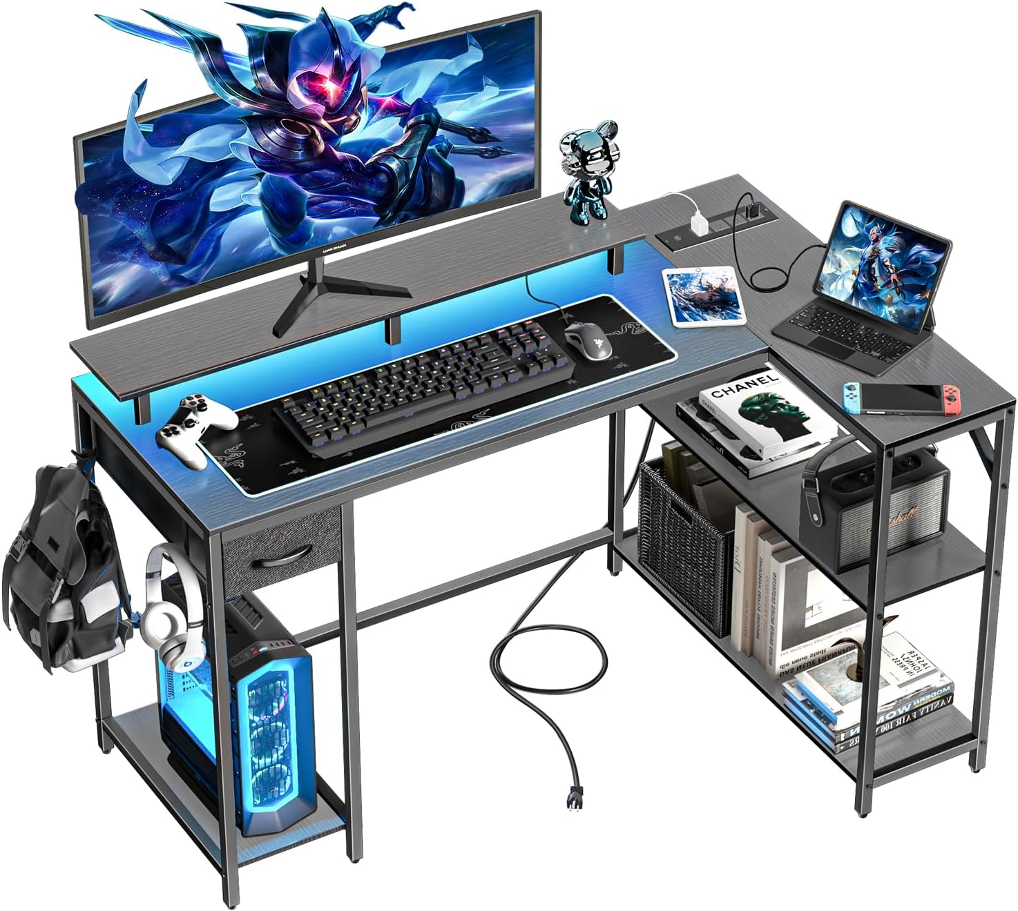 47" L Shaped Computer Desk with Power Outlet & LED Light, Gaming Desk with Hook...