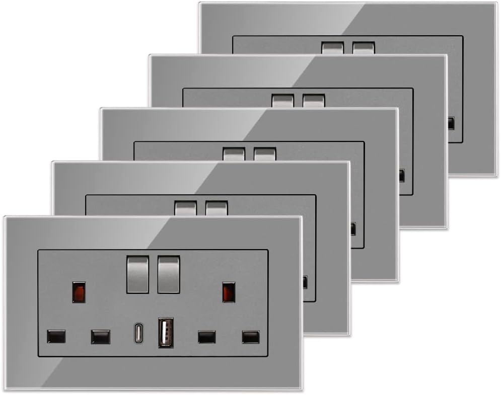 5 Pack CNBINGO Glass Double Switched Socket with USB-A and Type-C Charging Ports...