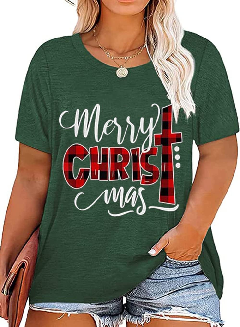 Plus Size Christmas Tshirt Womens Buffalo Plaid Merry Christmas Graphic tee Leop...