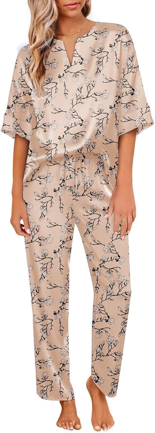 Ekouaer Satin Pajama Set, Special Womens Silk Short Sleeve V Neck Shirt with Lon...