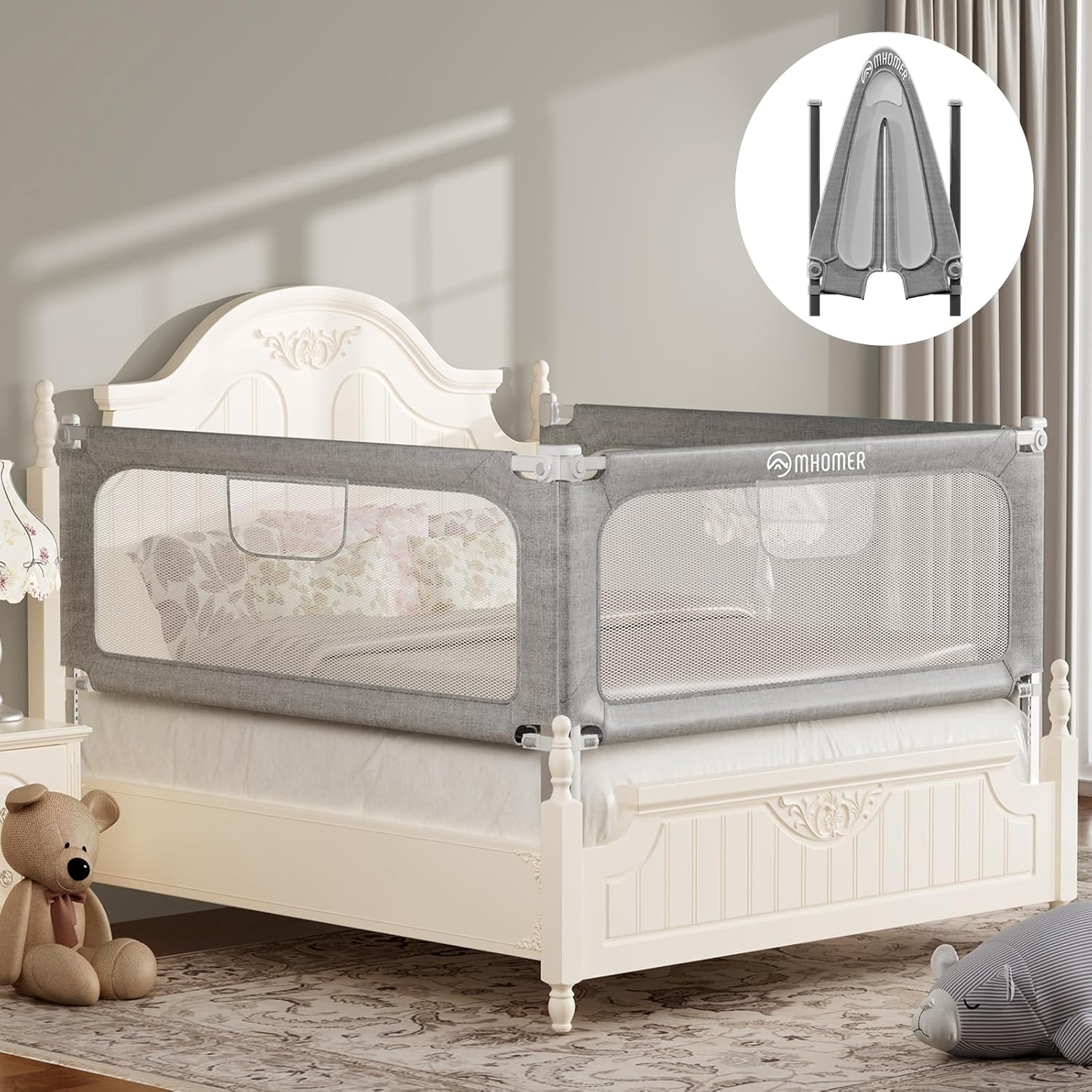 MHOMER Bed Rail for Toddlers, 2 Minutes Quick Assembly Foldable Bed Rails for Qu...