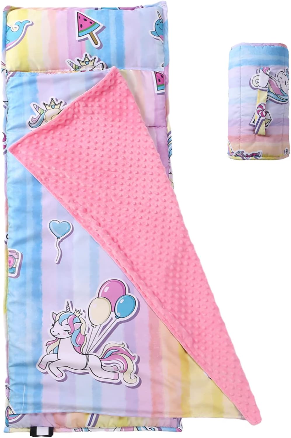 Toddler Nap Mat with Removable Pillow and Minky Blanket,Soft Rolled Napping Mats...
