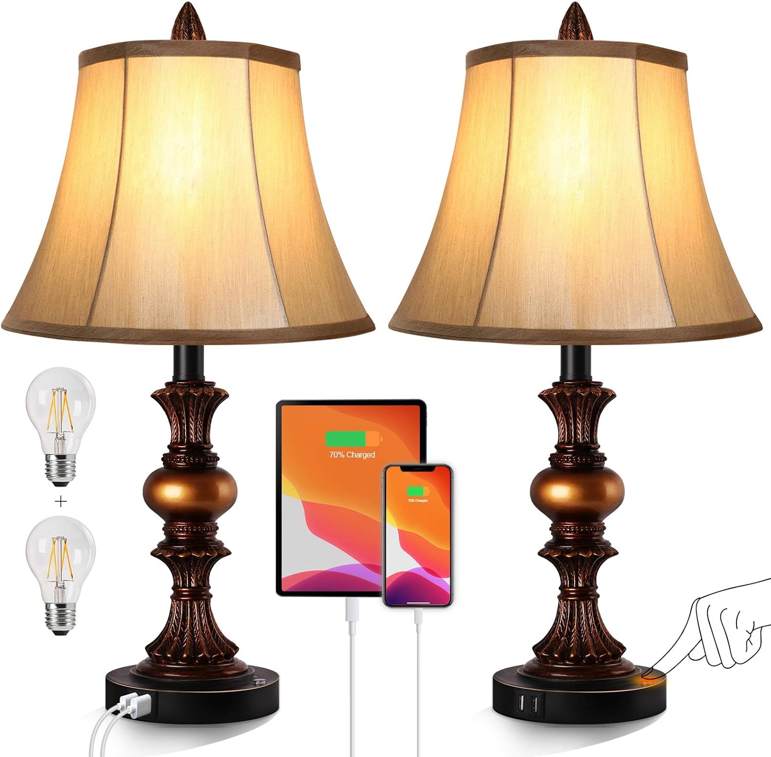 Touch Control Traditional Table Lamp Set of 2, Vintage Bedside Lamps with Dual U...