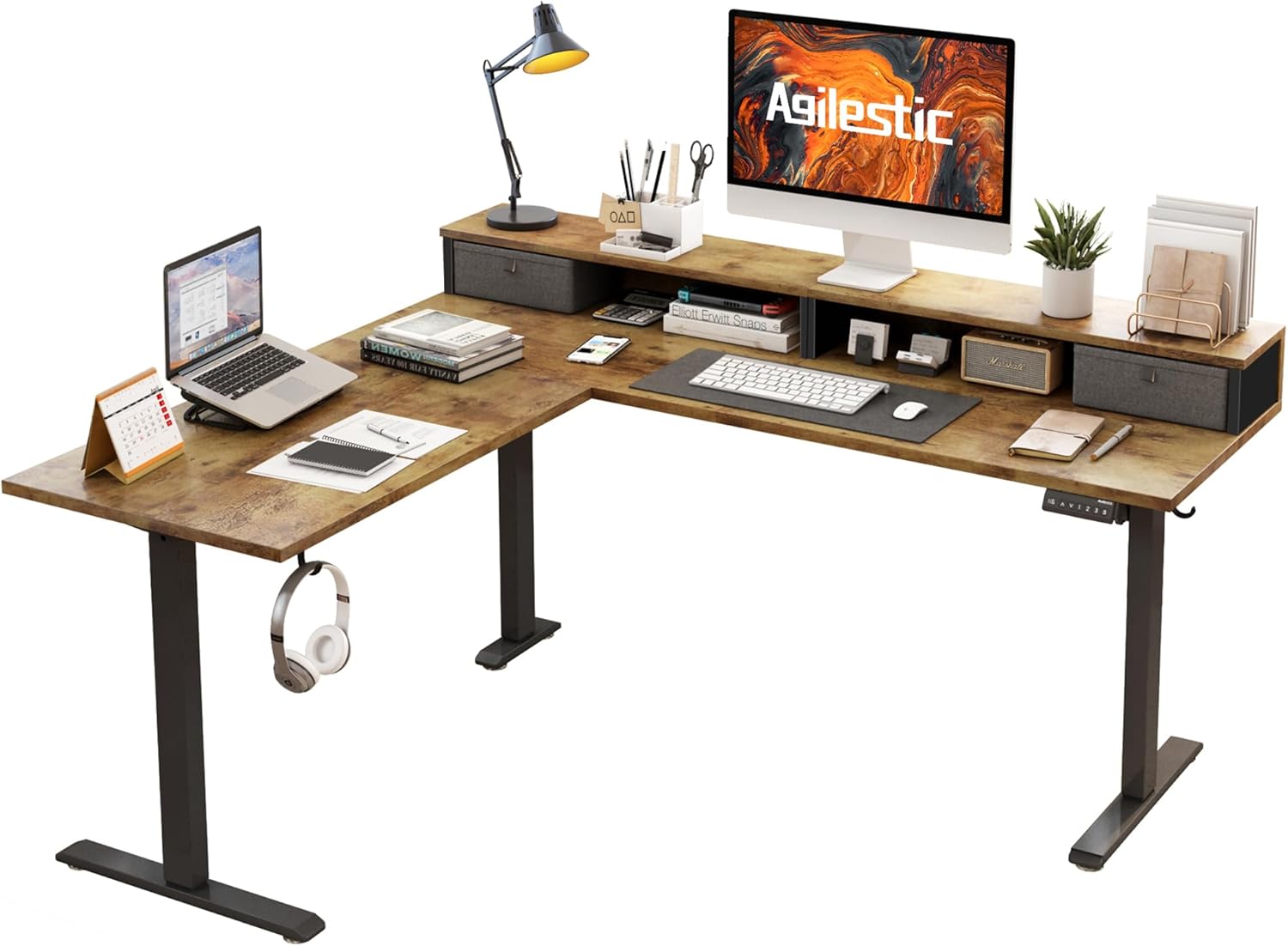 L Shaped Electric Standing Desk with 2 Drawers, 63 Inch Ergonomic Adjustable Hei...