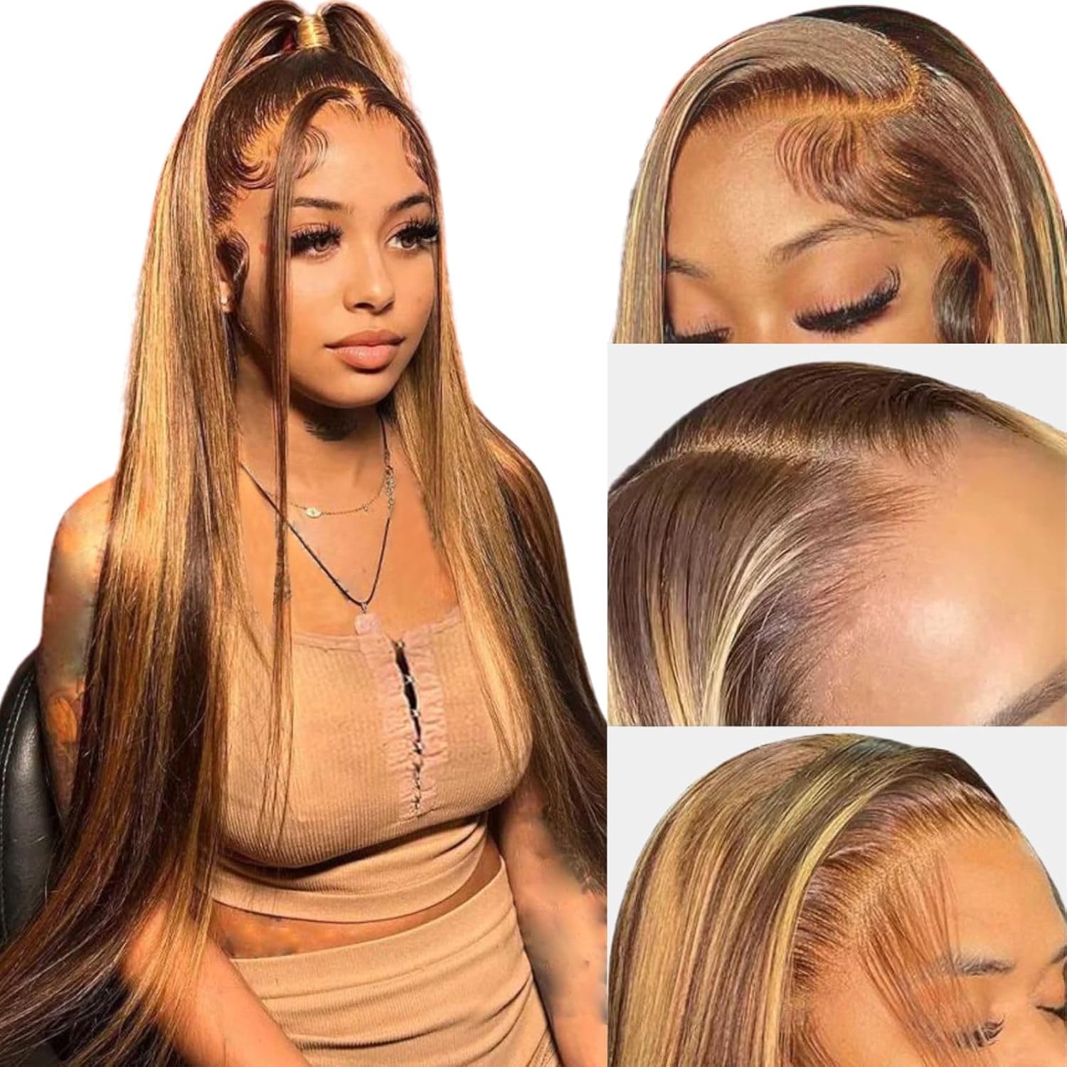Ombre Lace Front Wig Human Hair 28inch Highlight 13x4 HD Straight Lace Front Wig...
