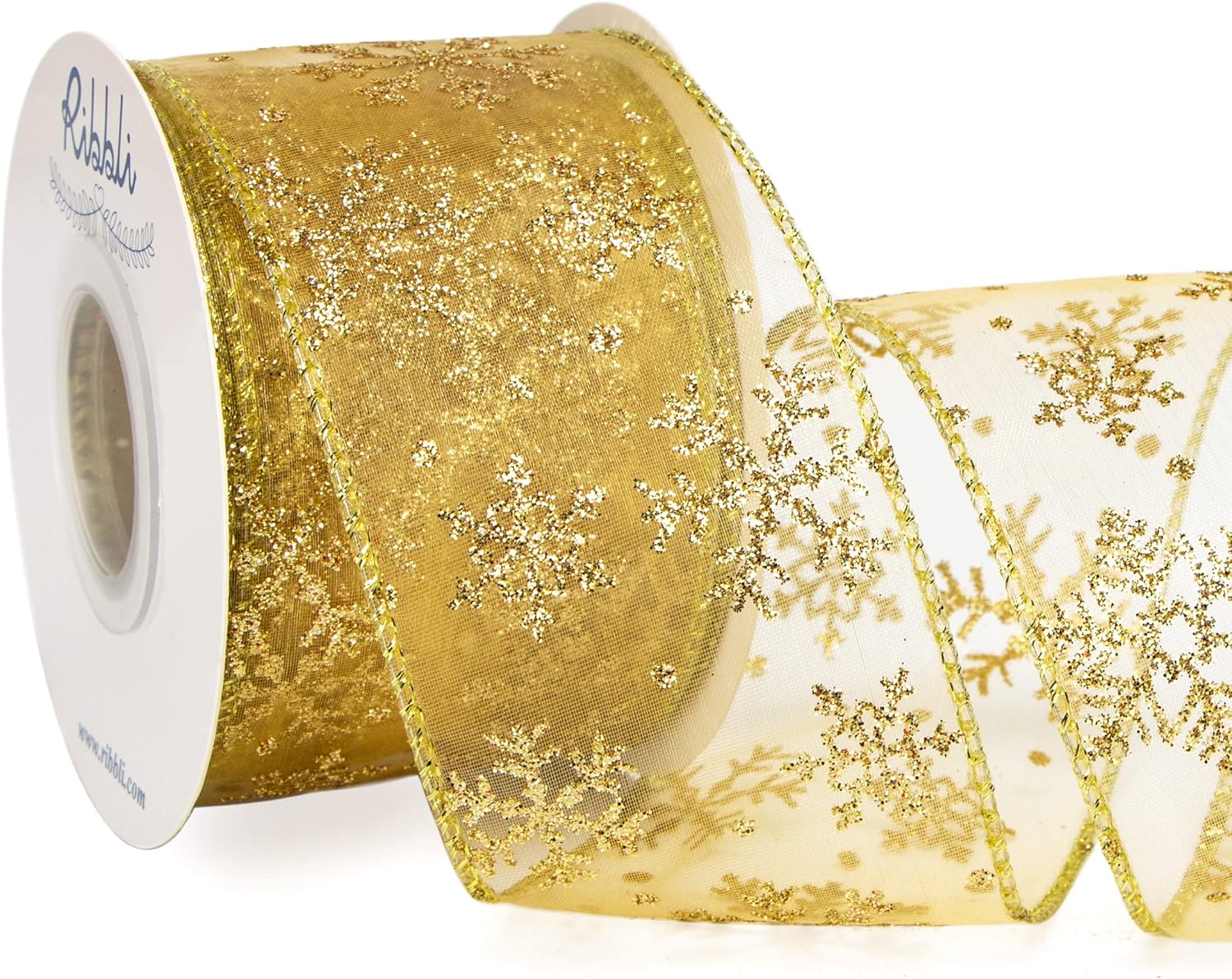 Ribbli Snowflake Glitter Wired Ribbon, Special Organza Sheer Ribbon with Gold Gl...