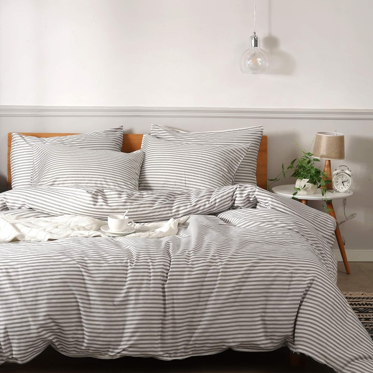 JELLYMONI 100% Natural Cotton 3pcs Striped Duvet Cover Sets, White Duvet Cover w...