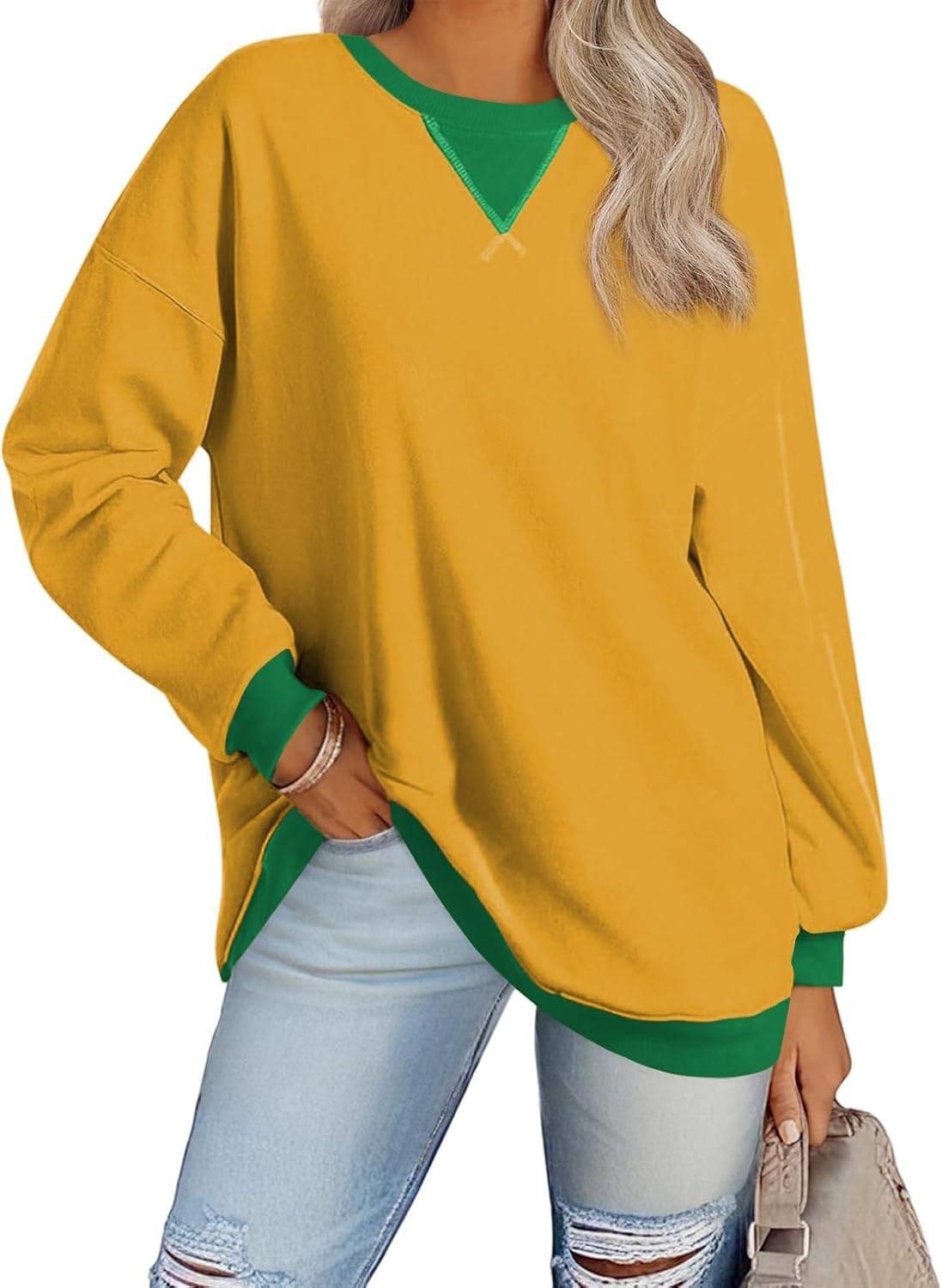 Samefar Women's Sweatshirts Oversized Color Block Crew Neck Long Sleeve Tops Cas...
