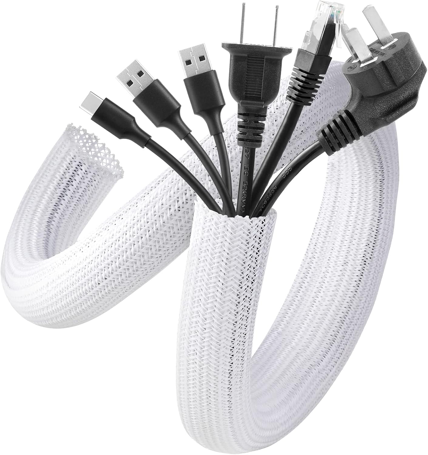 AGPTEK White Cable Sleeve Cover, 2 Pack 5ft - 1.2 inch Cord Management Wire Orga...