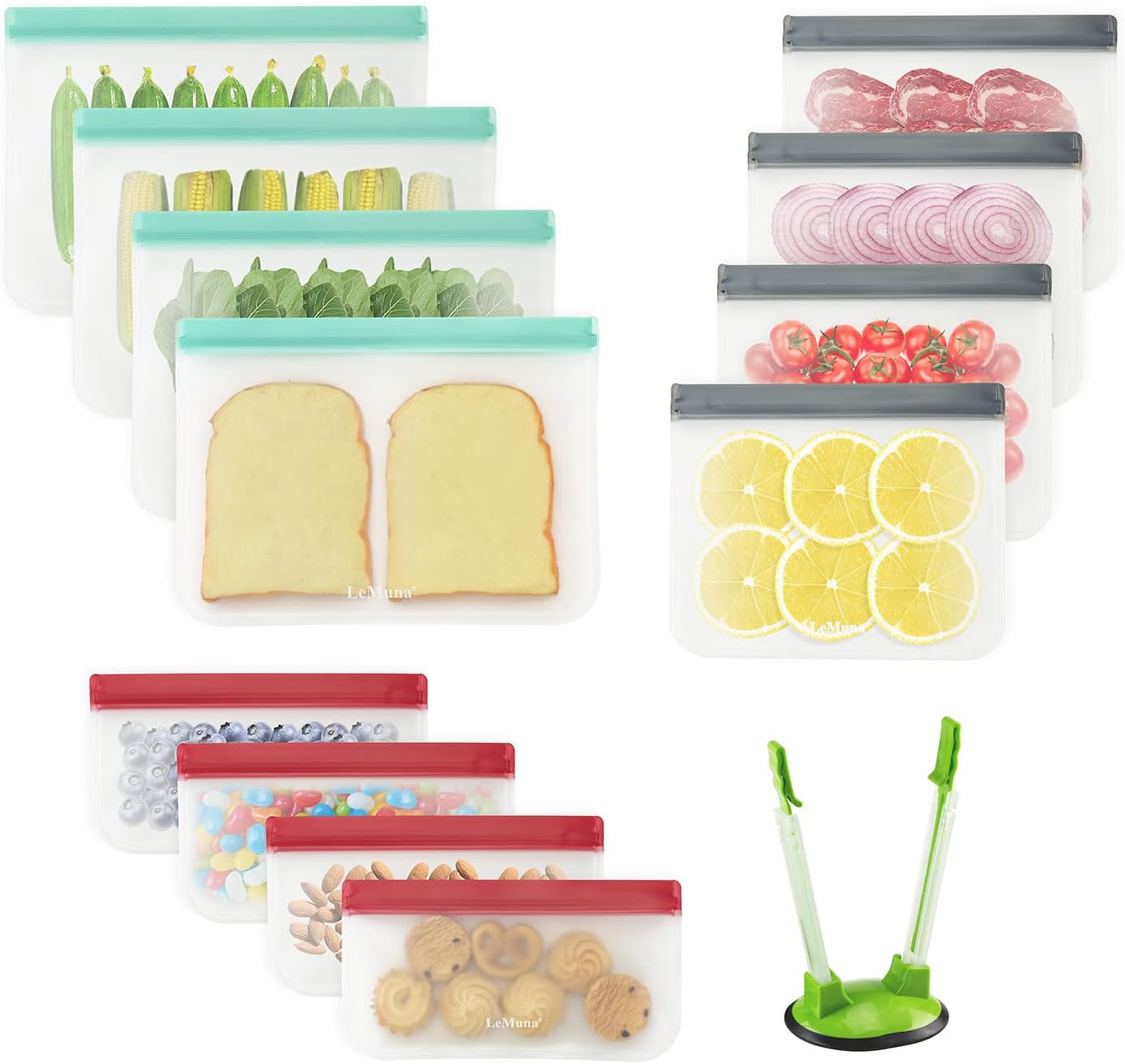 LeMuna 12 Pack Reusable Food Storage Bags, Special Food Grade Reusable Freezer B...