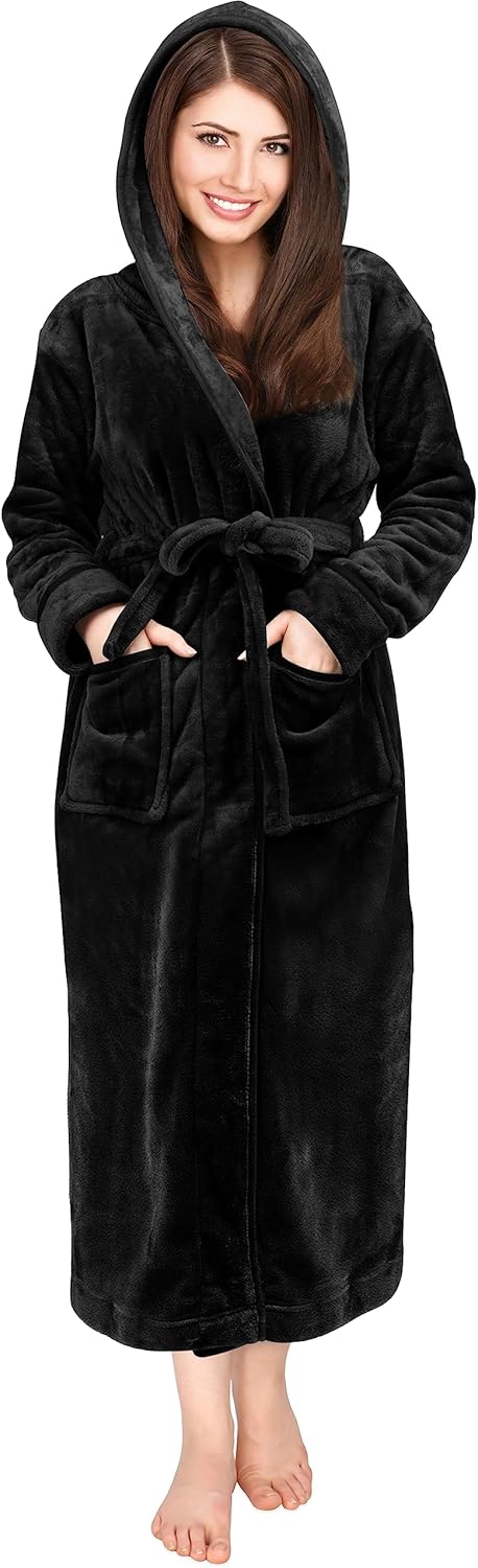 NY Threads Women's Fleece Hooded Bathrobe Plush Long Spa Robe X-Large Black