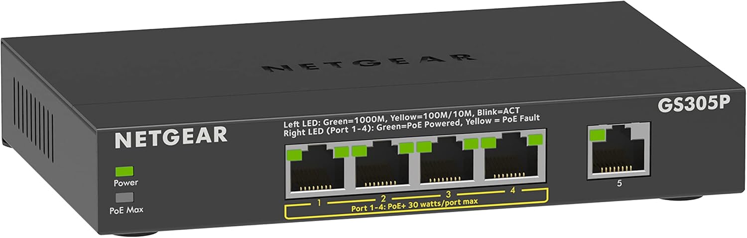NETGEAR PoE Switch 5 Port Gigabit Ethernet Plus Network Switch (GS305P) - with 4...