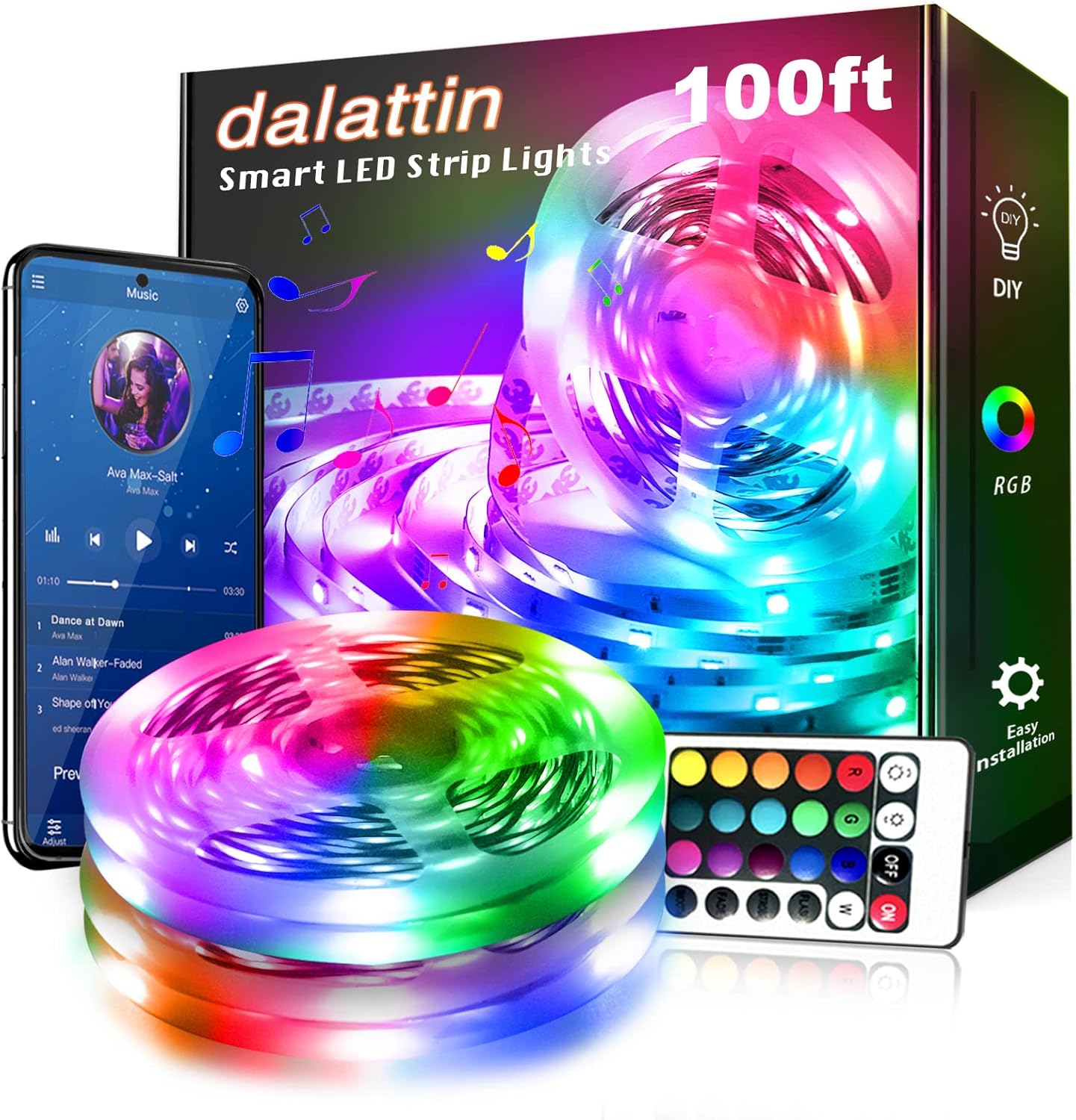 dalattin Led Lights for Bedroom 100ft,Smart Led Strip Lights with App Control Re...