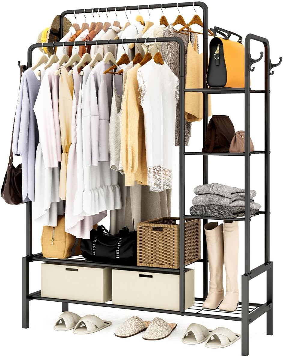 YORKING Heavy Duty Clothes Rail, Double Hanging Clothing Rail with Storage Shelv...