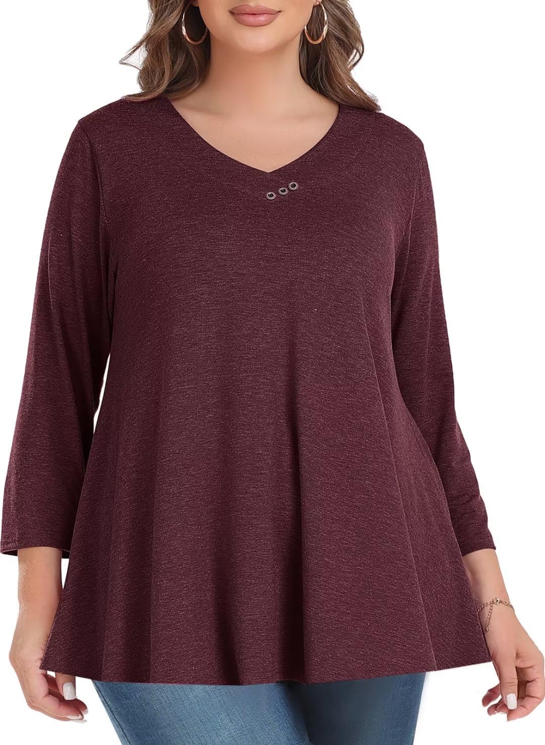 MONNURO Womens Plus Size Tops, Special 3/4 Sleeve V Neck Button Basic Tee, Affor...