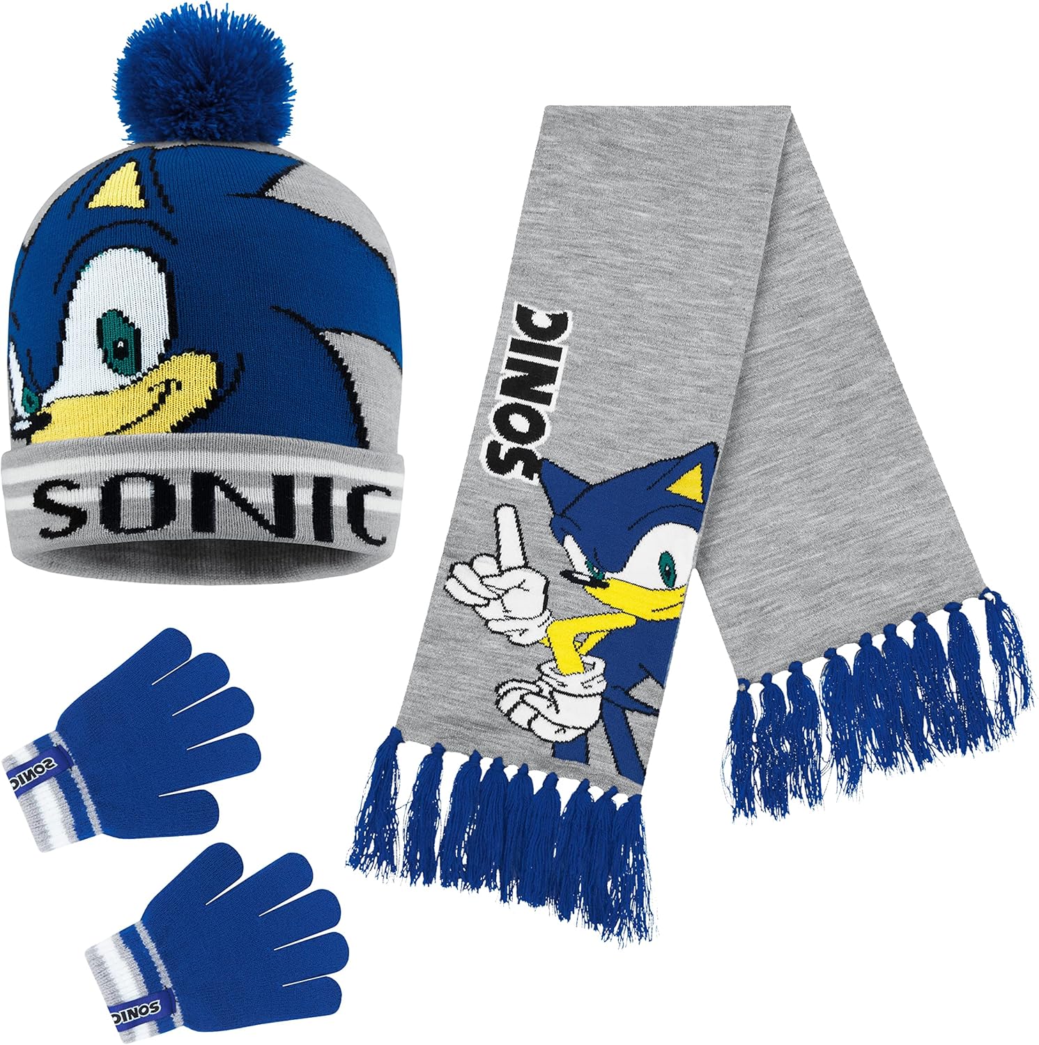 SONIC THE HEDGEHOG Beanie Hat, Special Scarf and Gloves Set for Boys, Multicolou...