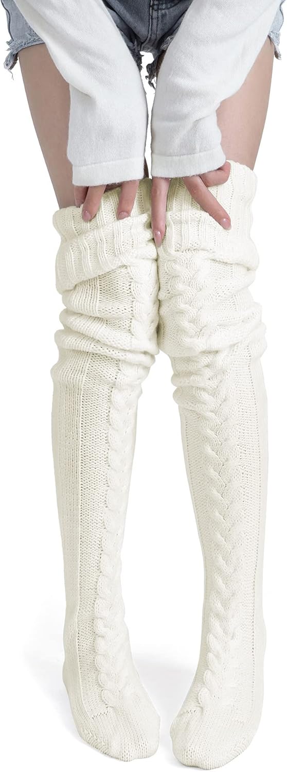 Pcavin Women's Thigh High Socks Over the Knee Cable Knit Boot Socks, Long Warm F...