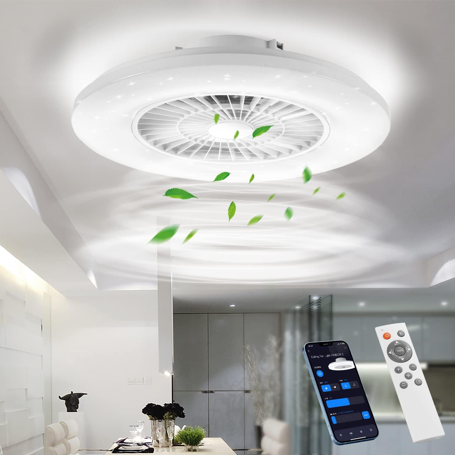BKZO Smart LED Ceiling Light with Fan, Ceiling Fan Lights Stepless Wind Speed Ad...