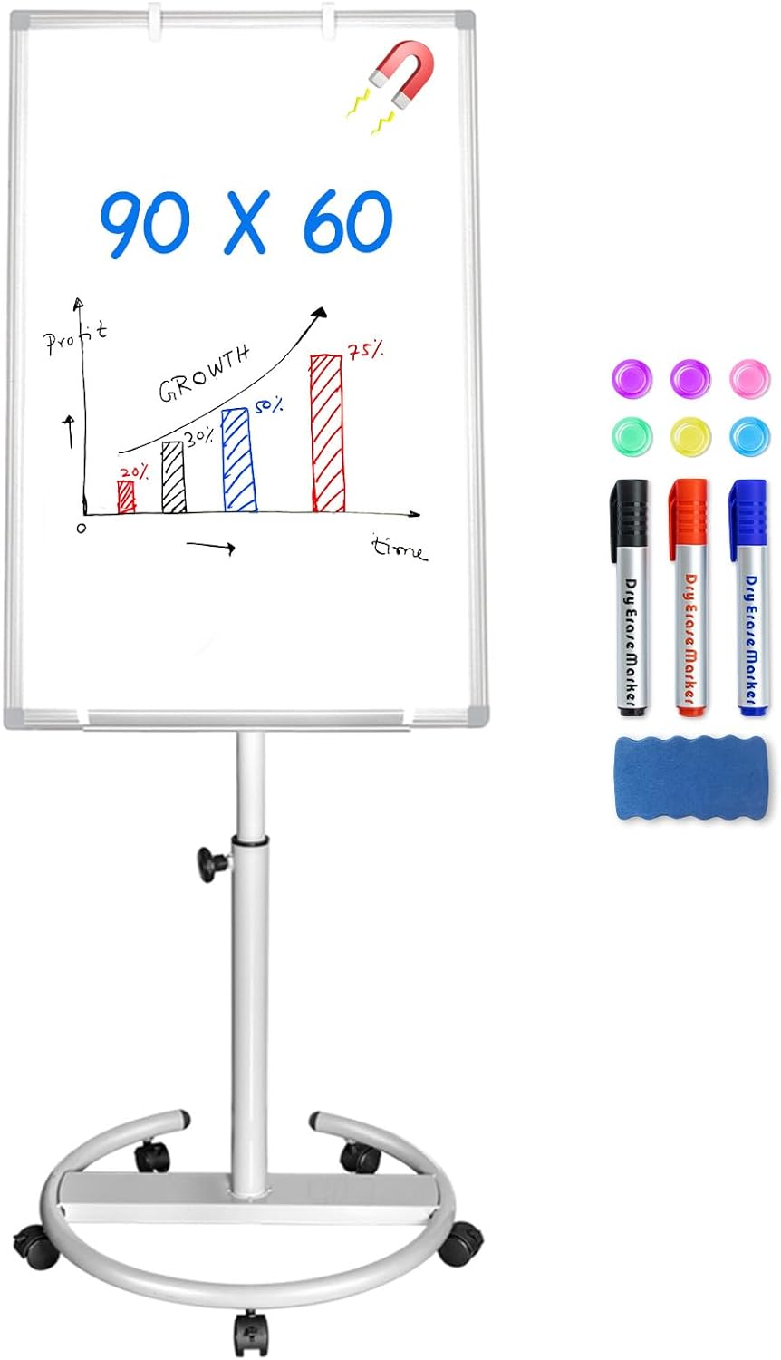 maxtek Flip Chart Stands Mobile Whiteboard – 90 x 60 CM, Magnetic Dry Erase Boar...