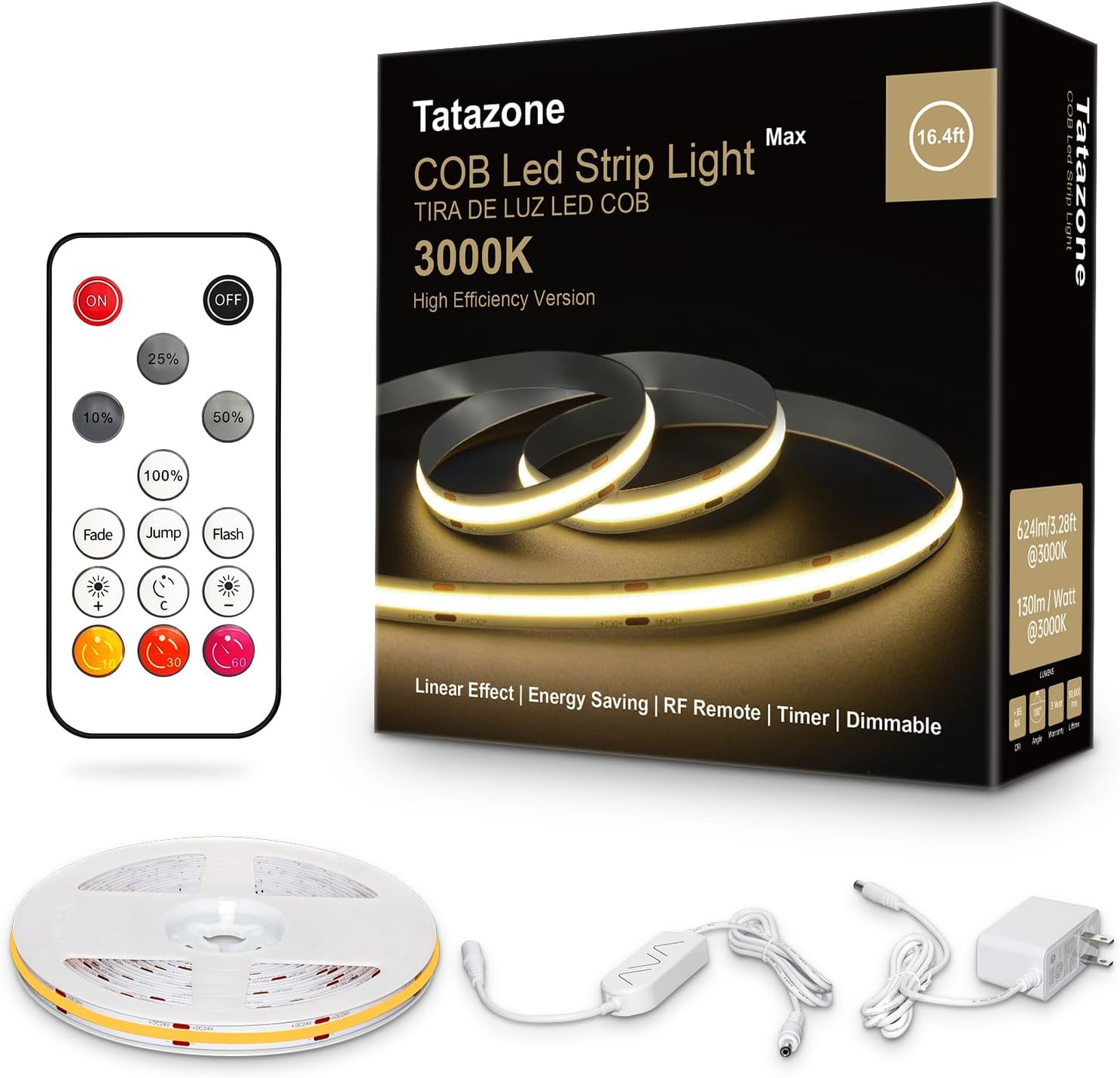 White COB Led Strip Lights Max with RF Remote, 16.4ft 3000K Dimmable Ultra Brigh...