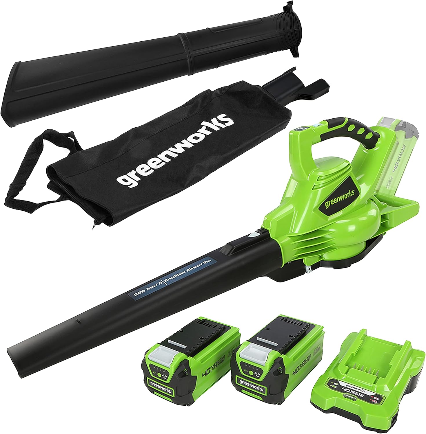 Greenworks GD40BVK2X Cordless Leaf Blow Vac with Brushless Motor, 280km/h, 9.63m...