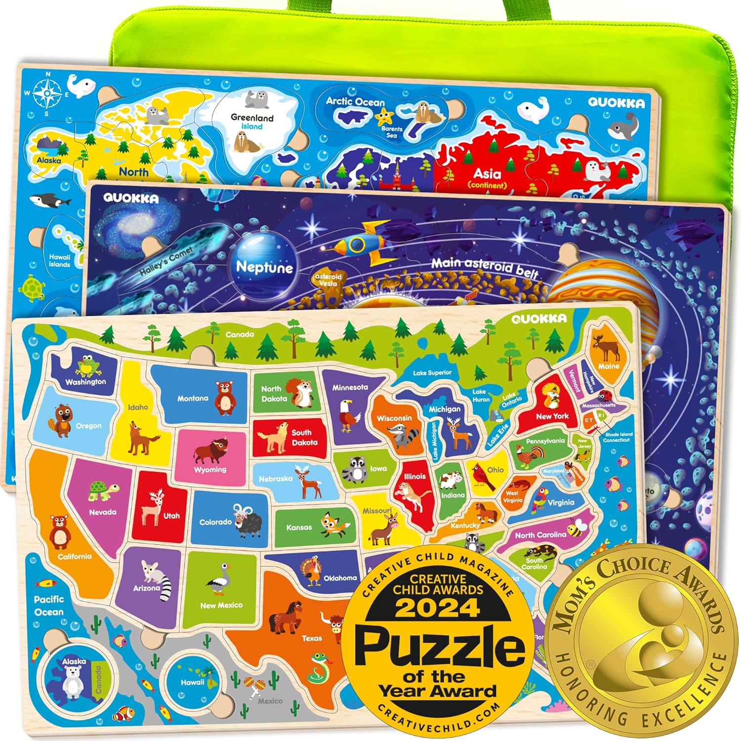 QUOKKA Wooden Puzzles for Kids Ages 4-6 – 3 Educational Wood Toddler Puzzles Age...