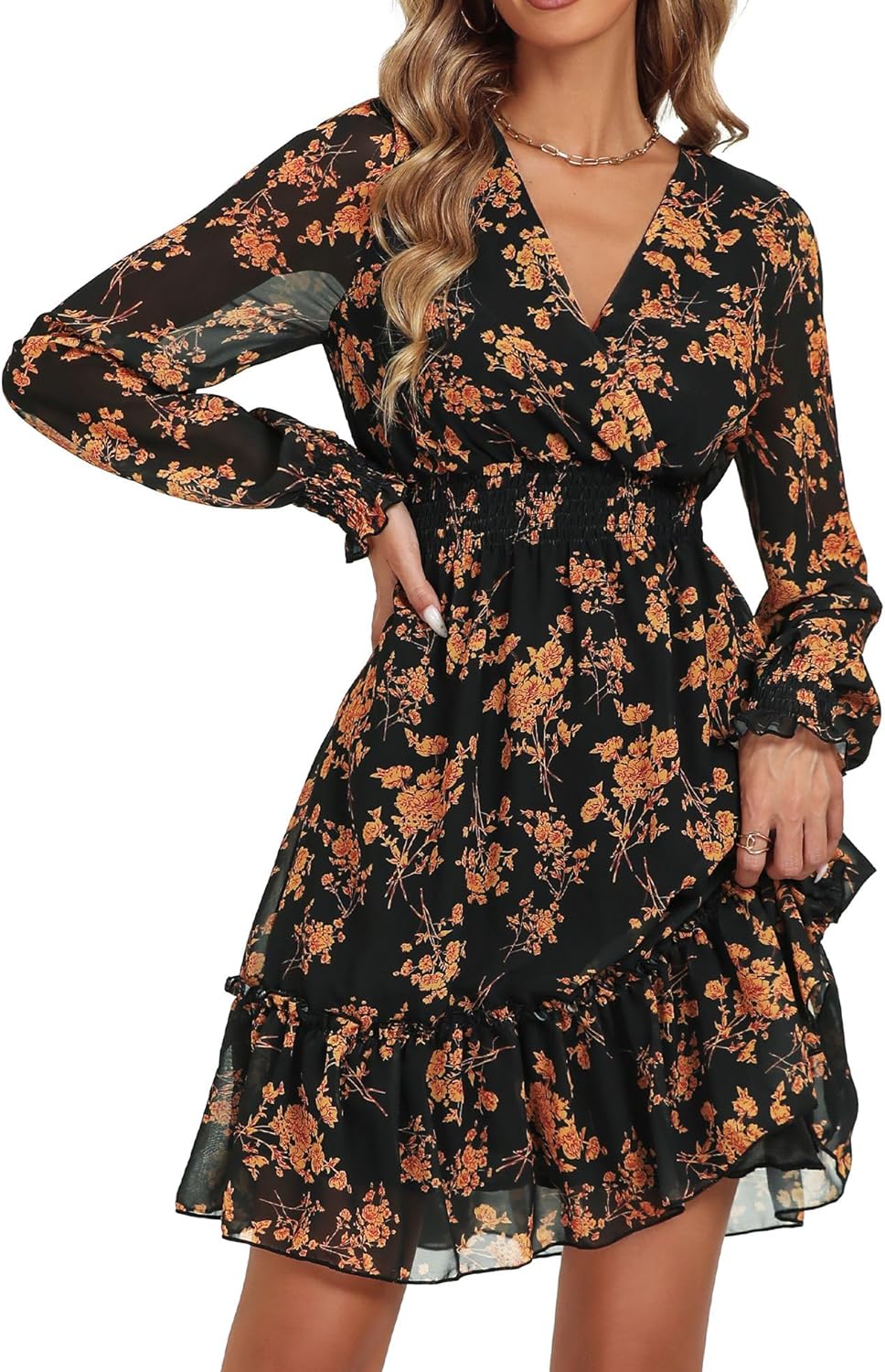 Prettywear Women's Floral Chiffon Long Sleeve Mini Dress Flowy A-Line Wrap Neck...