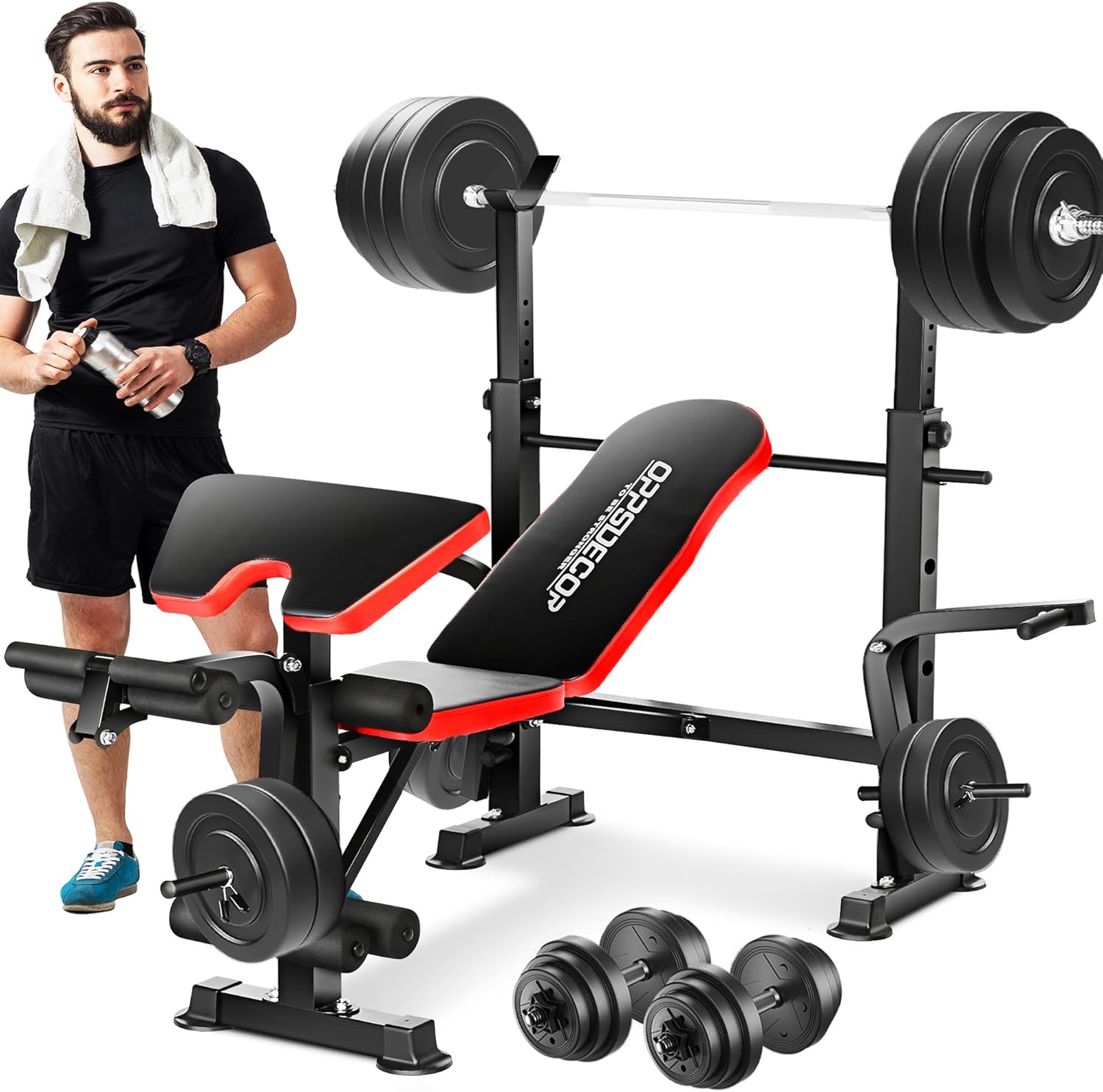 OPPSDECOR 6 in 1 660lbs Weight Bench Set with Squat Rack, Bench Press Set with B...