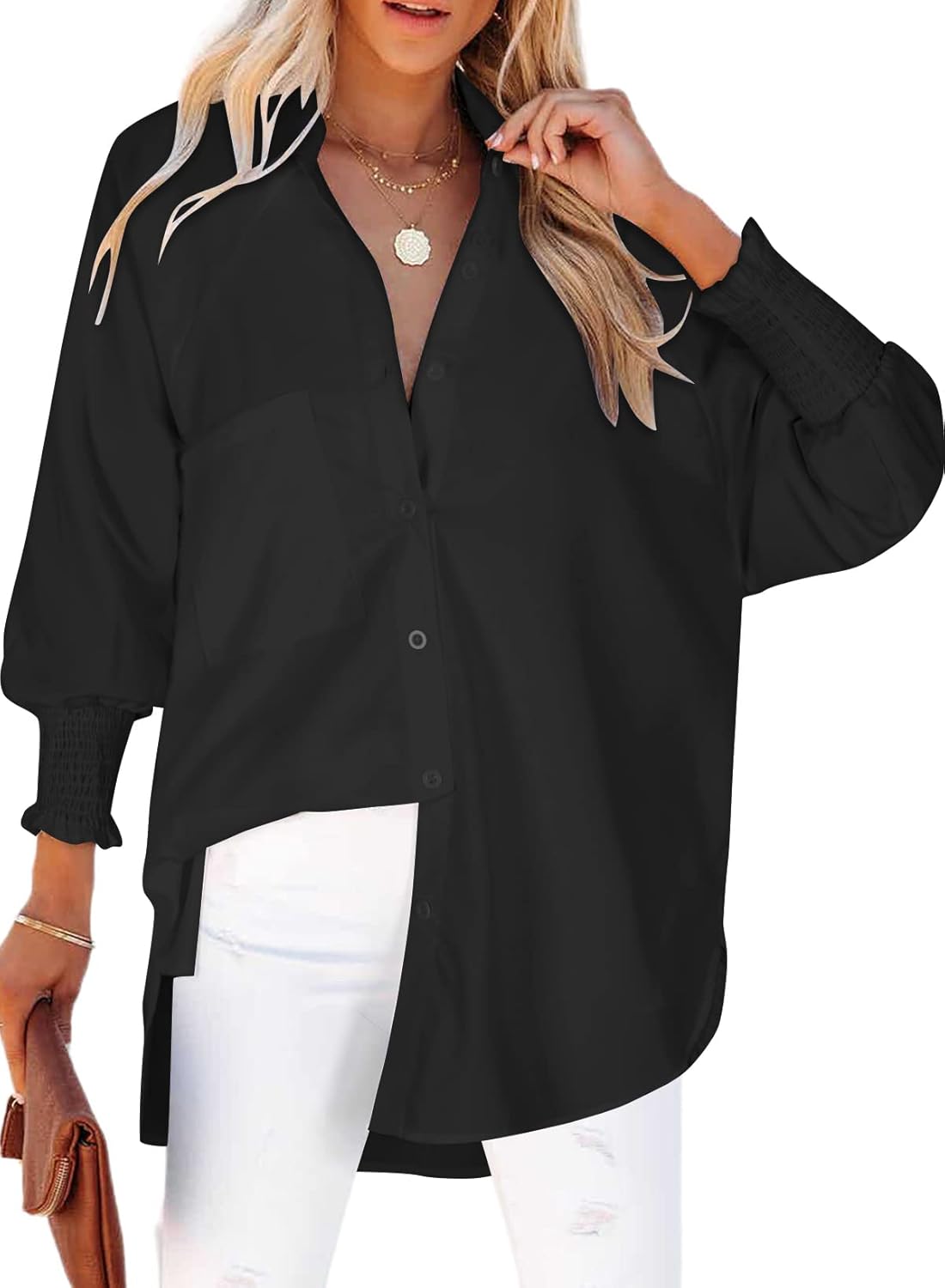 Women's Smocked Cuffed Striped Boyfriend Shirt with Pocket Casual Collar Long Sl...