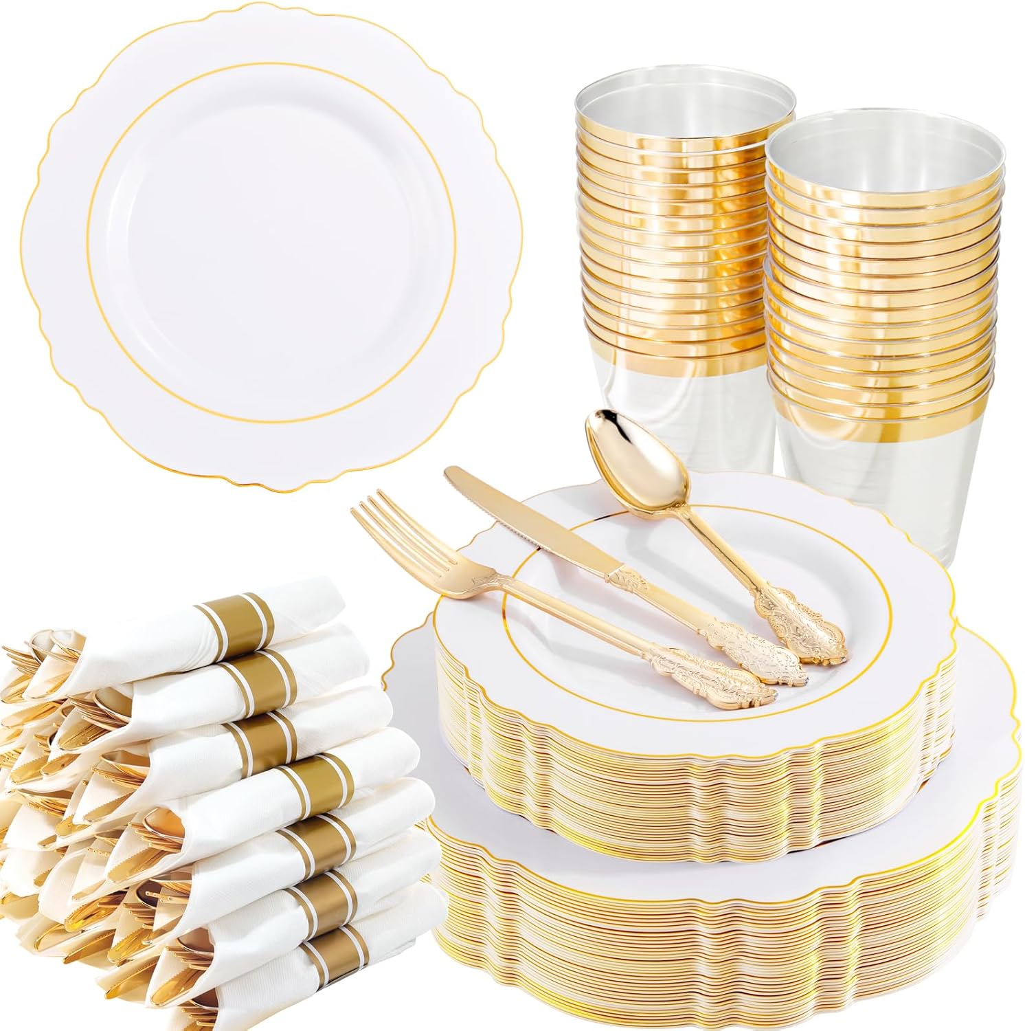 Liacere 350PCS Gold Plastic Plates-Disposable White and Gold Plates 50guest Baro...