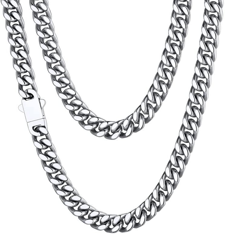 ChainsHouse Stainless Steel Mens Cuban Link Chain, Black/18K Gold Miami Cuban Ch...