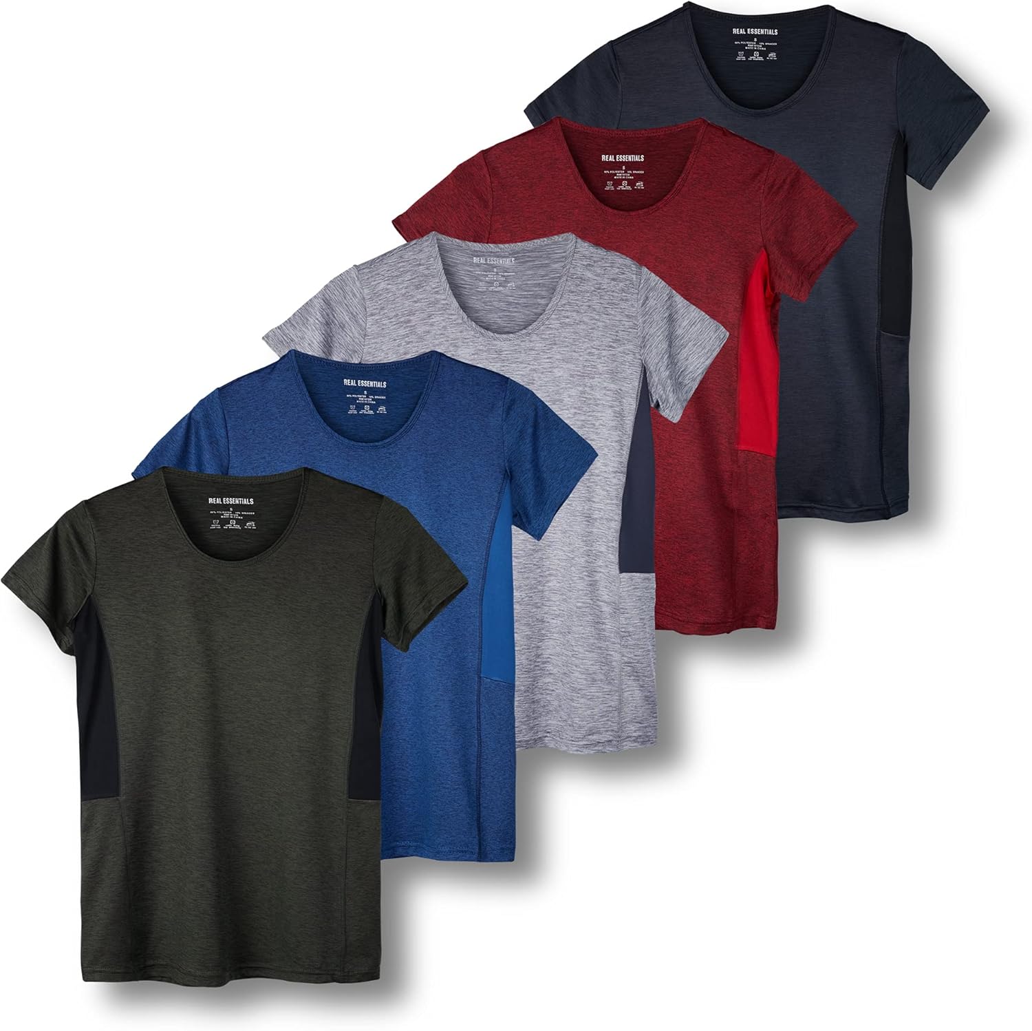 Real Essentials 5 Pack: Women's Dry Fit Tech Stretch Short-Sleeve Crew Neck Athl...
