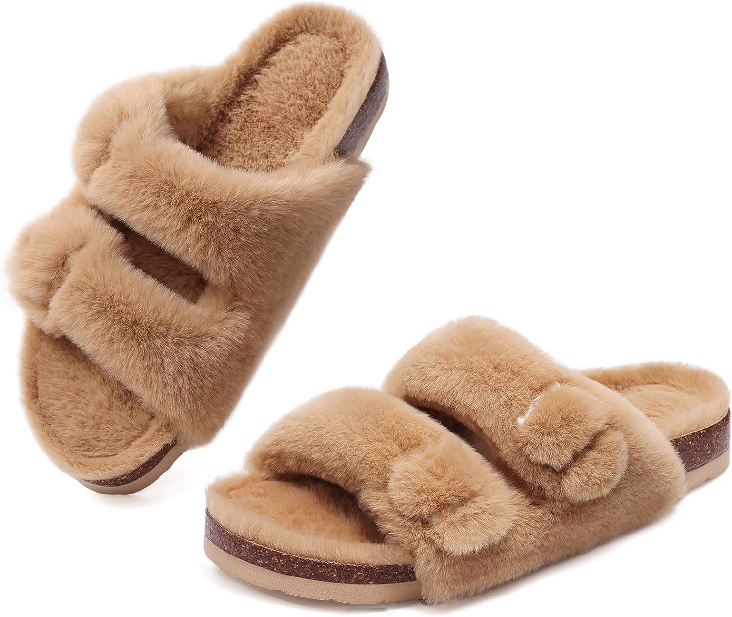 KIDMI Fuzzy Slippers Women with Cork Footbed Fluffy Slides Open Toe Indoor House...