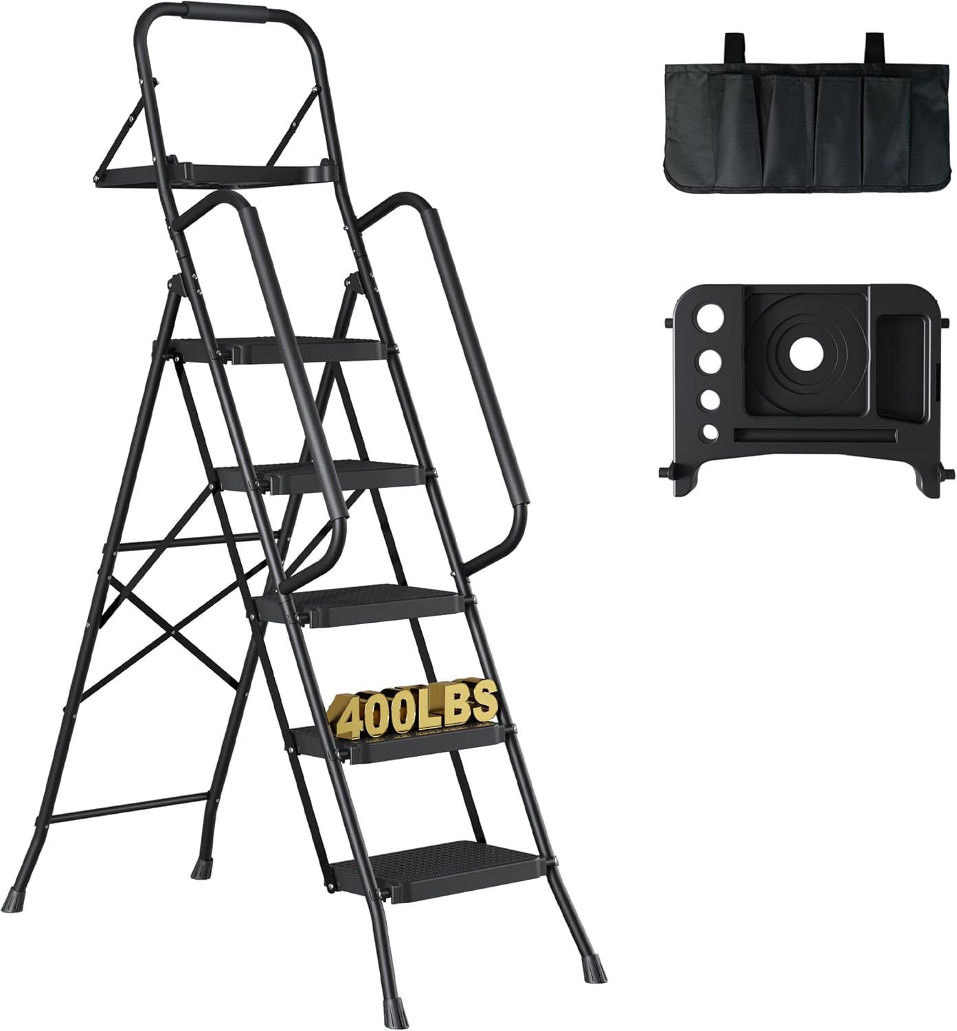 BONTEC 5-Step Ladder, Folding Step Stool with Tool Platform, Tool Bag, and Handr...