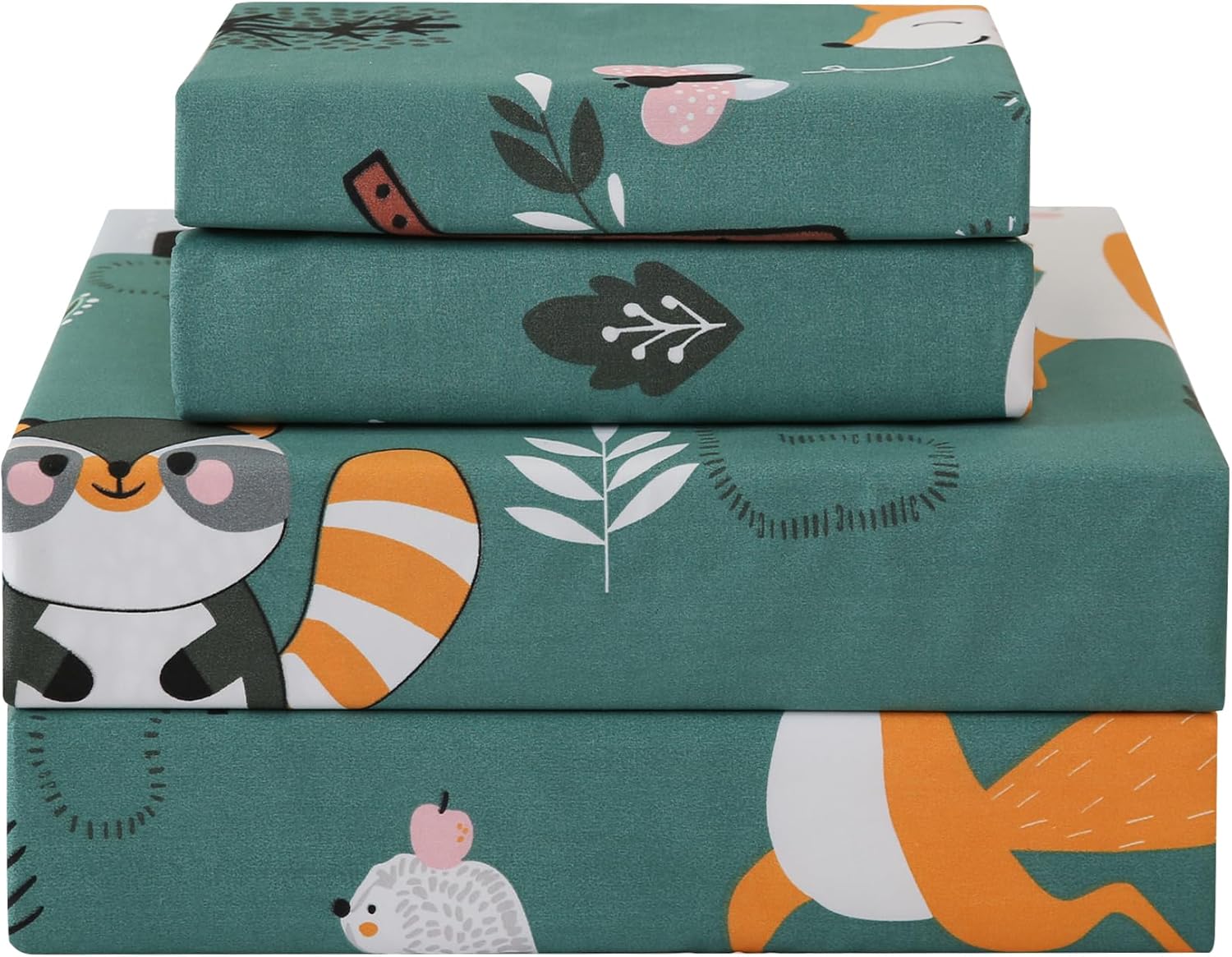 JSD Green Forest Animals Kids Sheet Set Twin Size, 3 Piece Woodland Printed Micr...