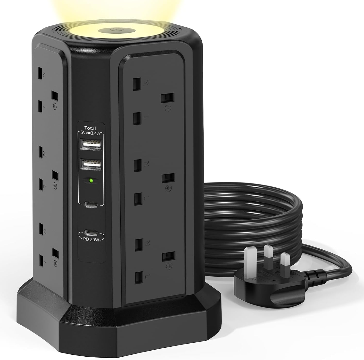 Tower Extension Lead with USB Slots 2M and 20W USB C Fast Charger, (13A 3250W) 4...