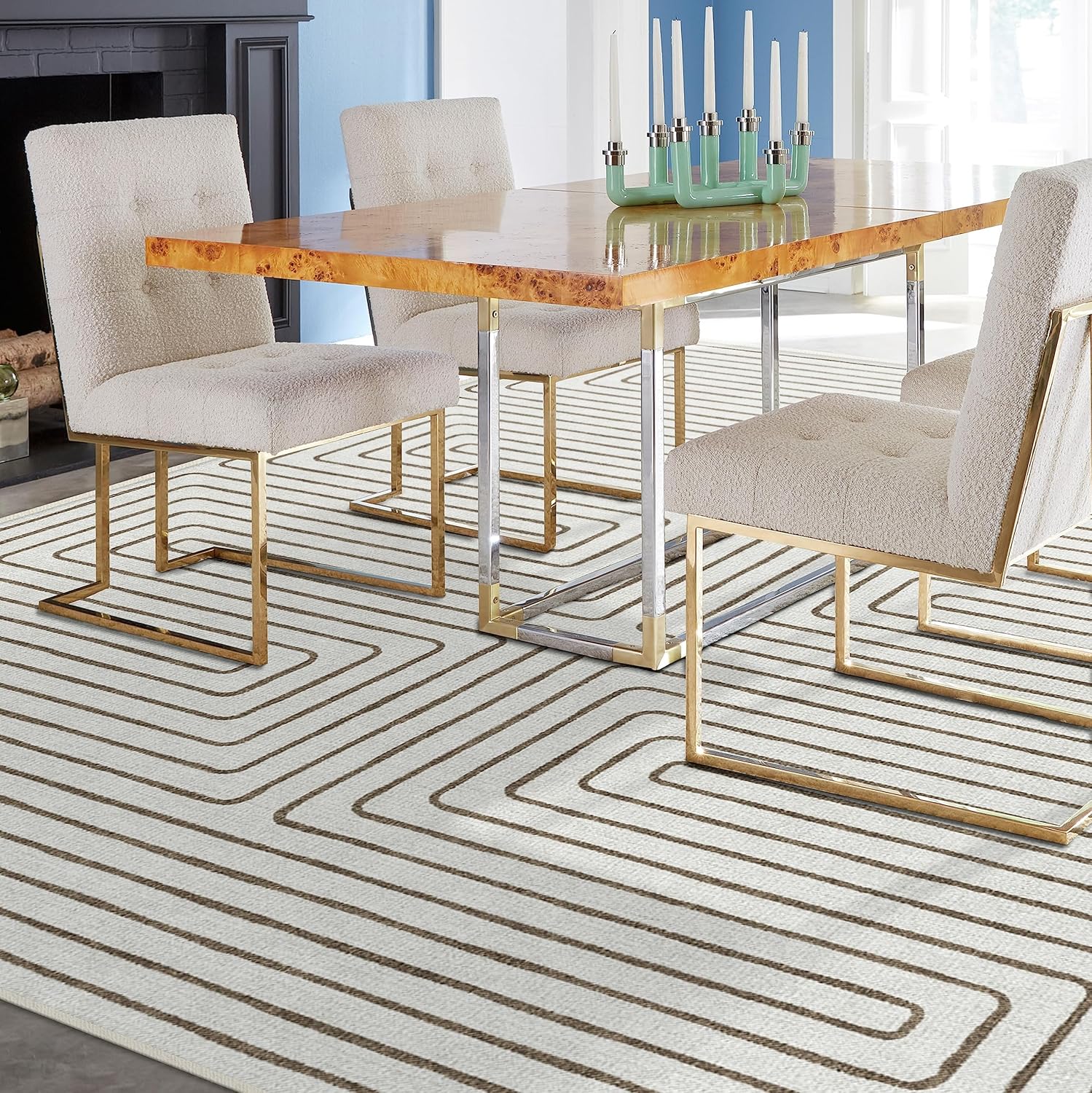 RUGGABLE x Jonathan Adler Washable 9x12 Large Area Rug, Labyrinth Camel/Ivory, P...
