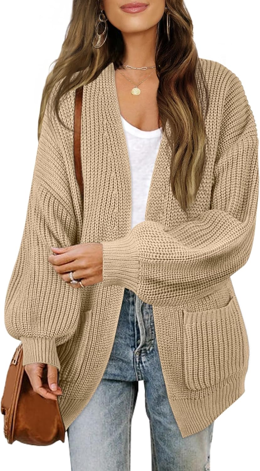 MEROKEETY Women's Fall Open Front Long Lantern Sleeve Cardigan Oversized Chunky...