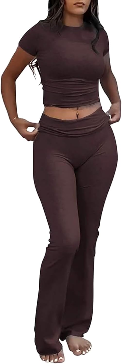 Women's 2 Piece Lounge Outfits Slim Short Sleeve Tops Low Rise Flare Leggings Se...