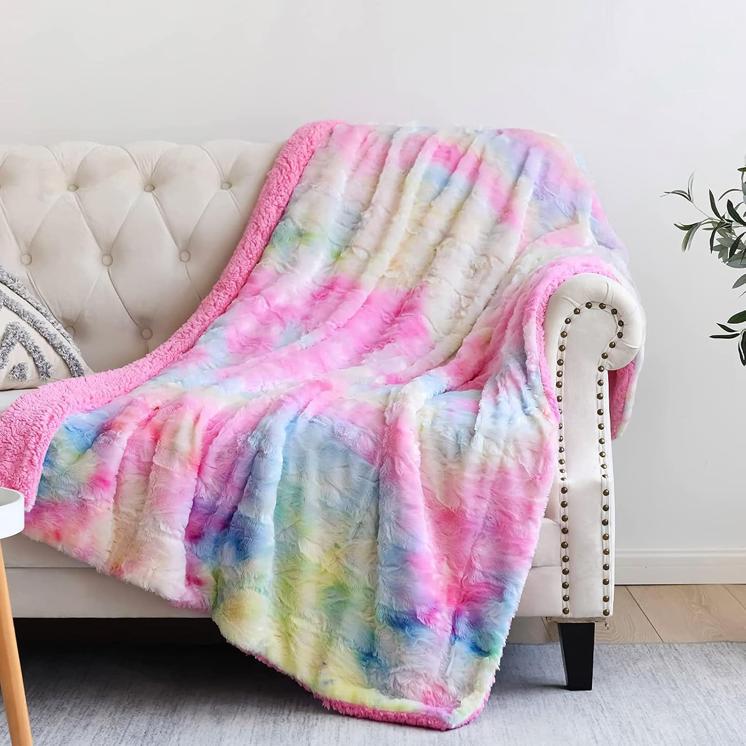 NEWCOSPLAY Super Soft Faux Fur Throw Blanket for Couch Light Rainbow Sherpa Fuzz...