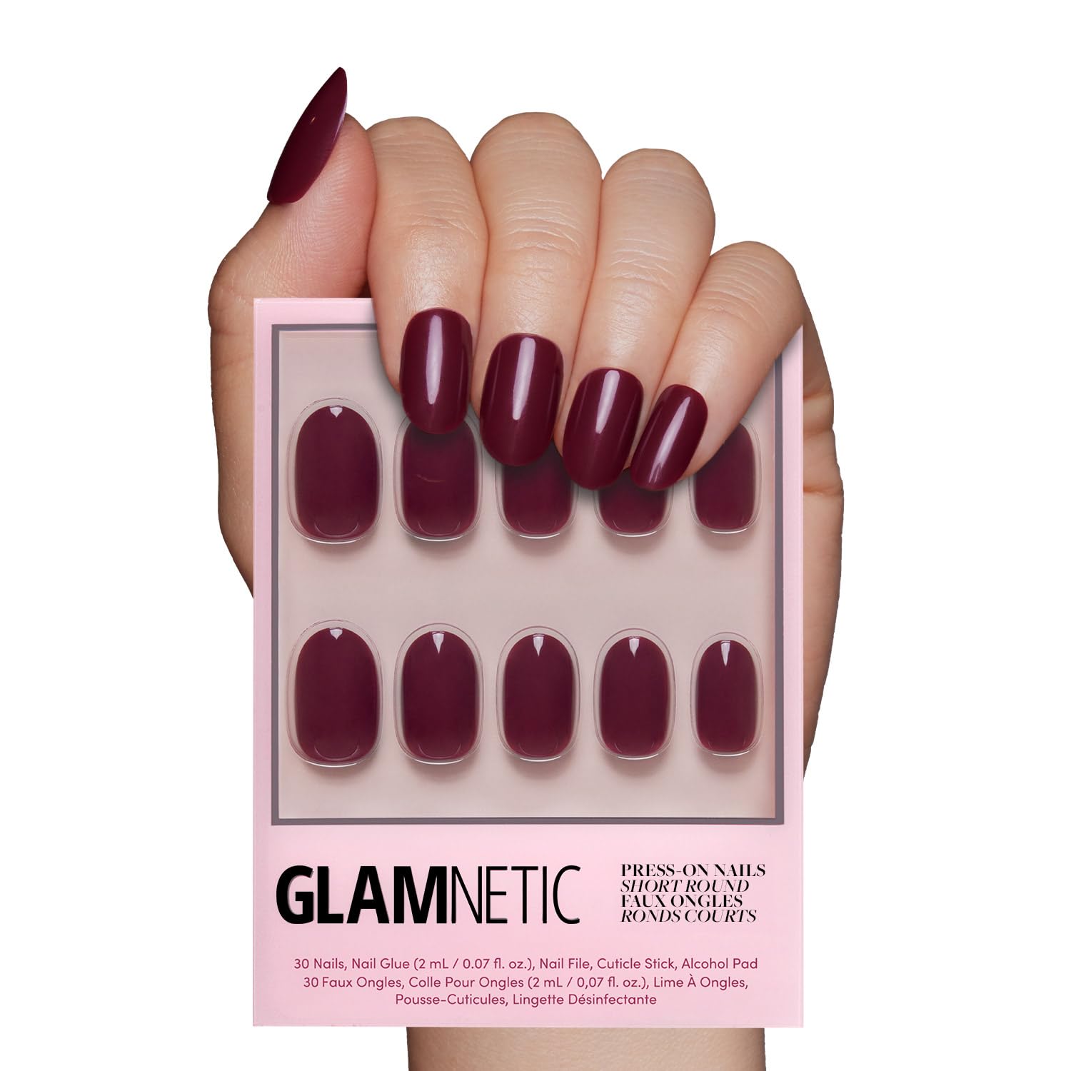 Glamnetic Press On Nails, Special Opaque Dark Red Maroon Short Round False Nails...