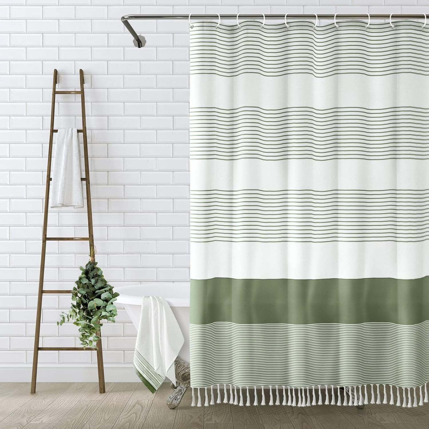 Awellife Boho Sage Green Shower Curtain for Bathroom Stripe Tassel Shower Curtai...