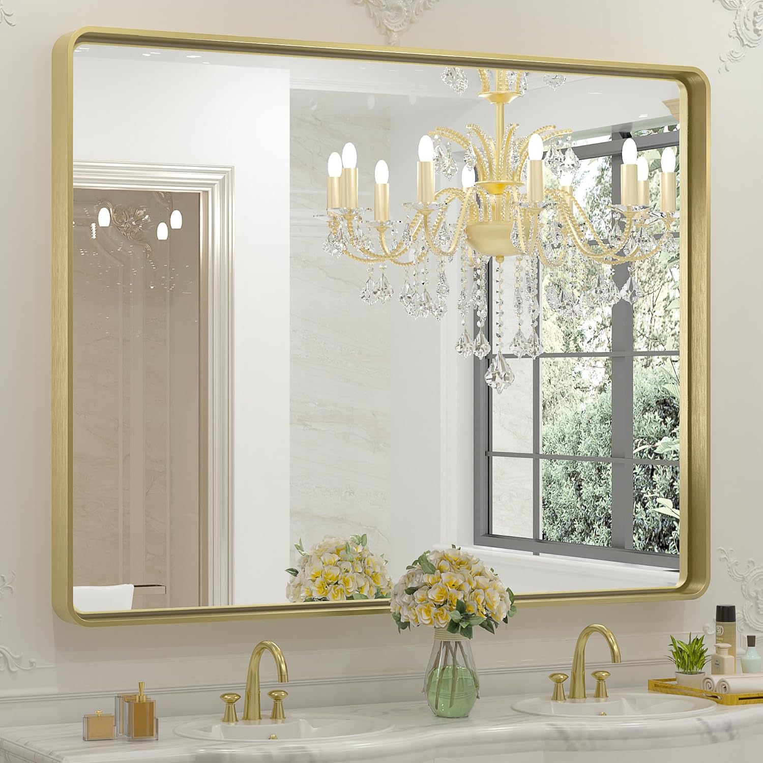 TETOTE 42 x 36 Inch Gold Mirror for Bathroom, Brushed Metal Frame Vanity Mirror,...